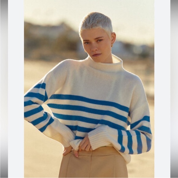 Kule The Lucca Roll Neck Sweater In Blue Cream Striped Nautical New Size Large - Picture 2 of 11